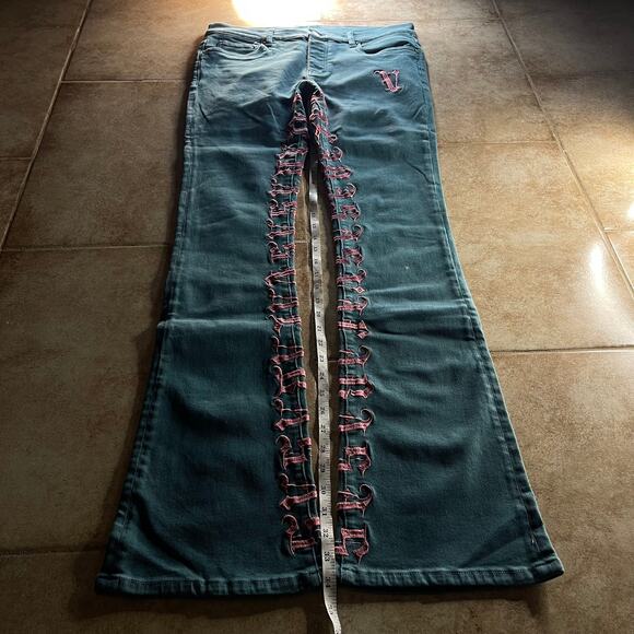 Valabasas Crotch Print Y2K Embroidered Teal Stacked Jeans - Picture 7 of 9